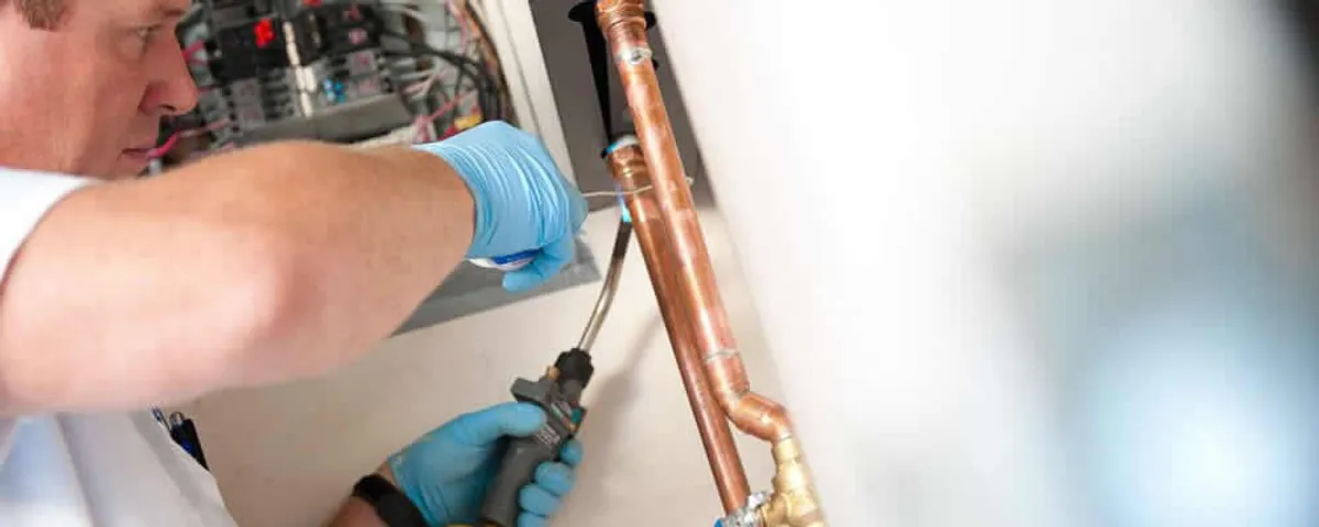 Water heater repair technician testing copper pipe connections and controls in Green Bay, WI